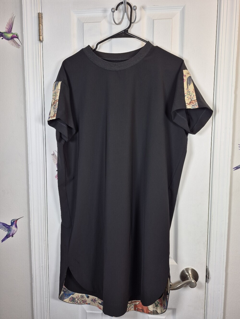 Cotélac Black Oversized T-Shirt Dress Mixed Media Orient Bird Print Gorpcore